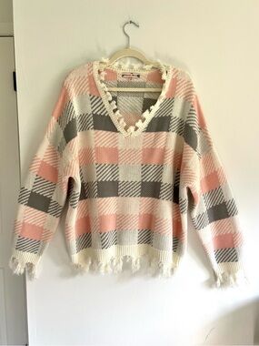 Hazel Moon 3X Cozy Pink Grey White Checkered Frayed V-Neck Sweater Soft Grunge